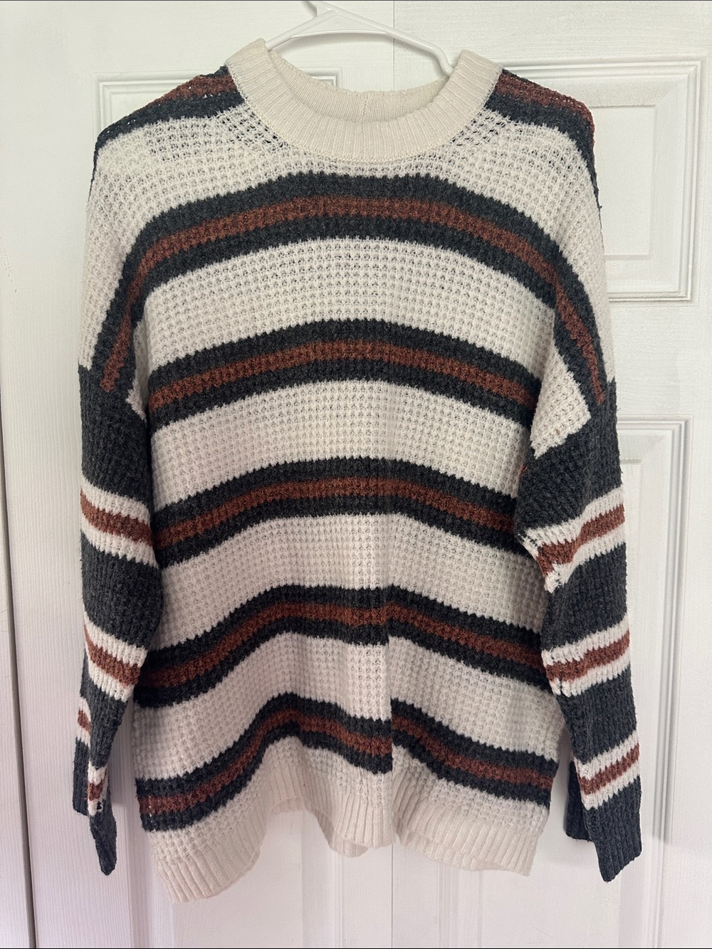 American Eagle Outfitters Striped Crewneck Sweater in Cream, Charcoal & Brown